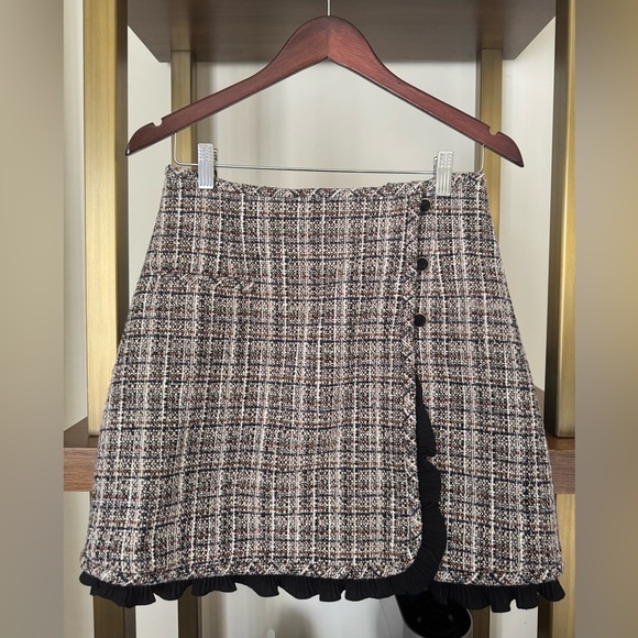SANDRO Ruffle-trimmed metallic tweed mini wrap skirt - Picture 1 of 11